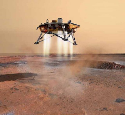 Artist's impression of the Phoenix spacecraft as it lands on Mars. An artist's rendition of the Phoenix Mars probe during landing. The sophisticated landing system on Phoenix allows the spacecraft to touch down within 10 kilometres (6.2 mi) of the targeted landing area. Thrusters are started when the lander is 570 metres (1,870 ft) above the surface. The navigation system is capable of detecting and avoiding hazards on the surface of Mars. (Photo: Wikimedia Commons)