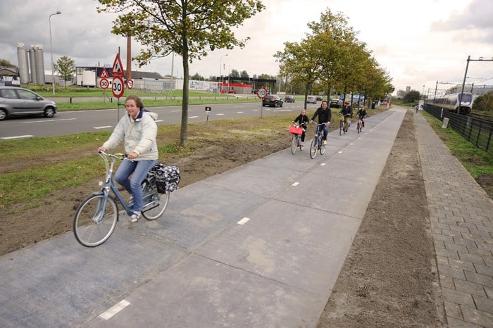 SolaRoad in Krommenie, the Netherlands, will be the world’s first cycle path with embedded solar panels. Photograph: SolaRoad