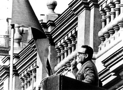 Salvador Allende making a speech in Patricio Guzmán's THE BATTLE OF CHILE, an Icarus Films Home Video release.