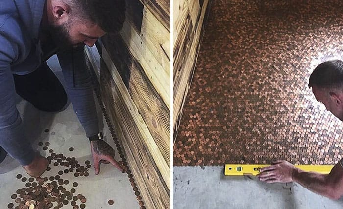 Barber Quoted £1000 For New Shop Floor Decided To Cover It With 70,000 Pennies Instead