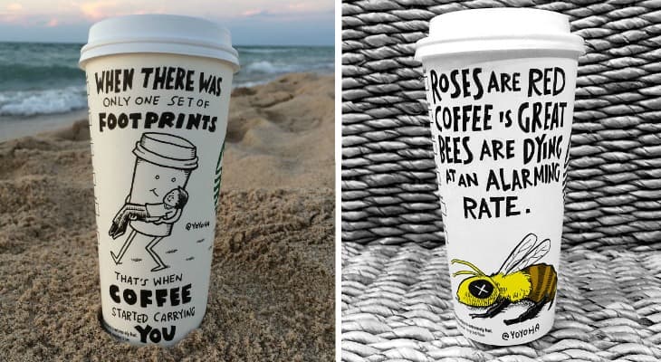 This Guy Was Bored With Blank Coffee Cups, So He Started Drawing Comics On Them