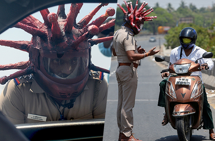 Indian Police Officer Sports Coronavirus-Designed Helmet To Warn People To Stay Home During Lockdown
